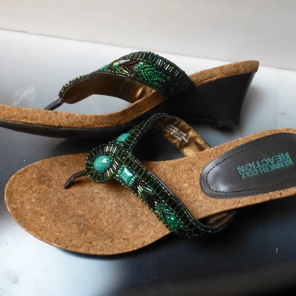 Turqu/green bling beaded wedge sandals sli… - Picture 2 of 3